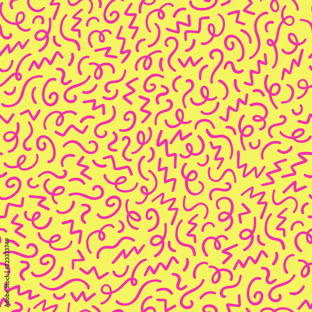 Hand drawn abstract confetti seamless pattern. Pop art fashion festival abstract background in memphis style.