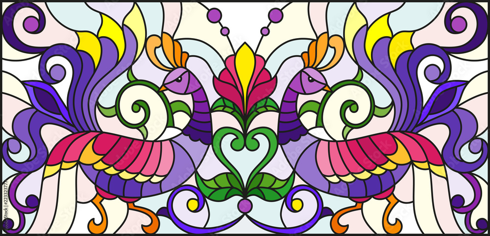 Fototapeta premium Illustration in stained glass style with abstract birds and flowers on a light background , mirror, horizontal image
