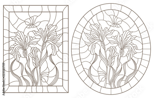 Fototapeta Naklejka Na Ścianę i Meble -  A set of contour illustrations of stained glass Windows with irises and butterflies in frames, dark contours on a white background, oval and rectangular image
