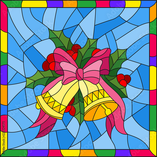 Illustration in stained glass style for New year and Christmas, bells, Holly branches and ribbons on a blue background in a bright frame