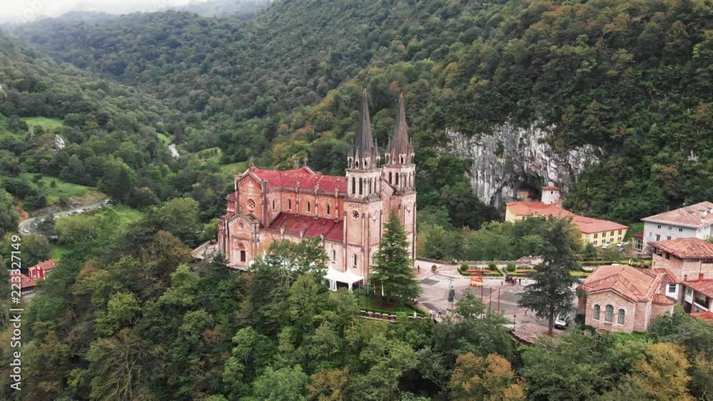 Basilica of Our Lady of Battles, Covadonga, Asturias, Spain. Aerial drone shot. UHD, 4K Basilica of Our Lady of Battles, Covadonga, Asturias, Spain. Aerial drone shot. UHD, 4K