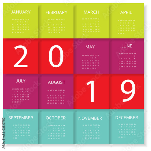 Calendar 2019. Colorful calendar with paper cut effect. Week starts from Sunday.