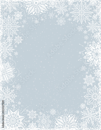 Grey christmas background with frame of white snowflakes and stars, vector illustration
