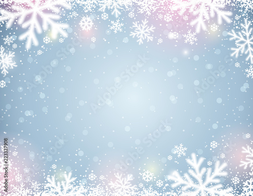 Blue  background with white blurred snowflakes, vector illustration