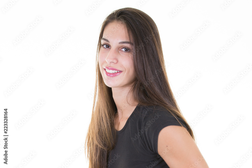 Pretty smiling joyfully female with fair hair looking with satisfaction at camera Pretty smiling joyfully female with fair hair looking with satisfaction at camera