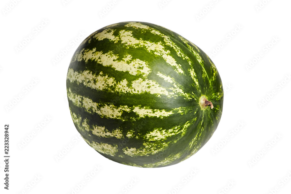 Whole watermelon berry with green striped peel isolated on white background Whole watermelon berry with green striped peel isolated on white background