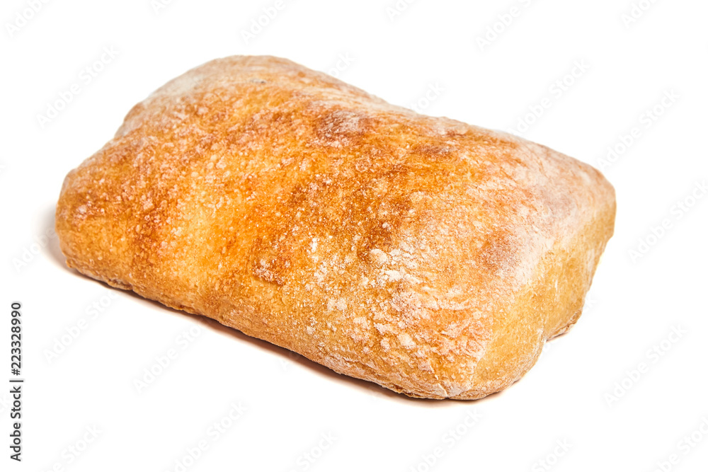 traditional italian wheat bread ciabatta with crispy crust. Isolated on white background