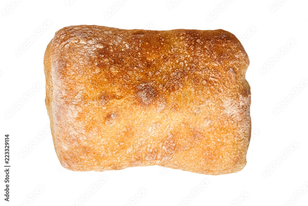traditional italian wheat bread ciabatta cooked with olive oil isolated on white background. Top view traditional italian wheat bread ciabatta cooked with olive oil isolated on white background. Top view