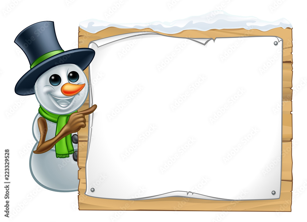 A Snowman Christmas Cartoon Character Pointing At A Wooden Sign Stock Vector Adobe Stock