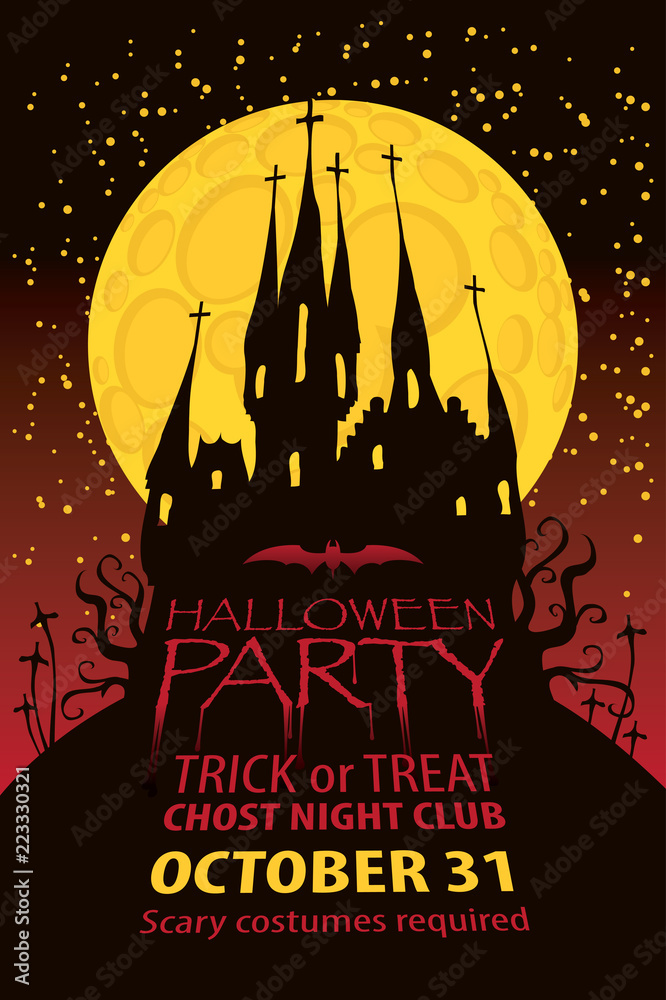 Vector banner for Halloween party with an old Gothic castle at the cemetery on the background of the full moon in retro style