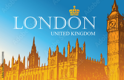 Vector postcard with hand drawn Palace of Westminster and Big Ben in London, UK. Retro postcard with words London, United Kingdom