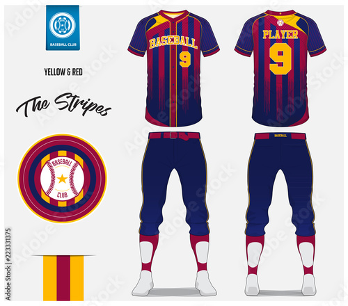 Baseball jersey, pants and socks template design. Red and blue stripe baseball uniform t-shirt mock up. Raglan t-shirt sport in front and back view. Flat baseball logo design. Vector Illustration.
