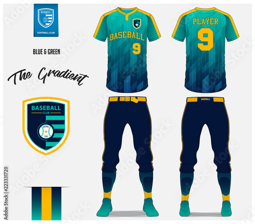 Baseball jersey, pants and socks template design. Blue and green gradient baseball uniform t-shirt mock up. Raglan t-shirt sport in front and back view. Flat baseball logo design design. Vector.