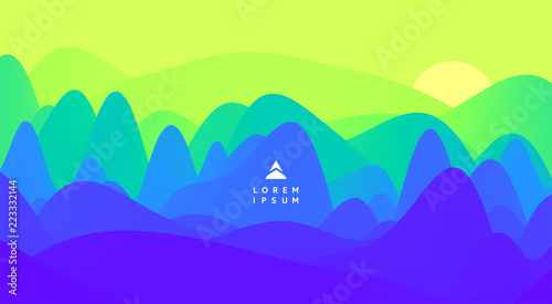 Landscape with mountains and sun. Sunset. Mountainous terrain. Abstract background. Vector illustration.