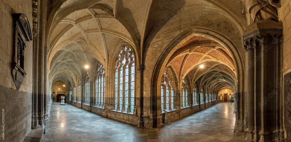 Beautiful view of the interior of the St. Paul's cathedral cloister in Liege, Belgium