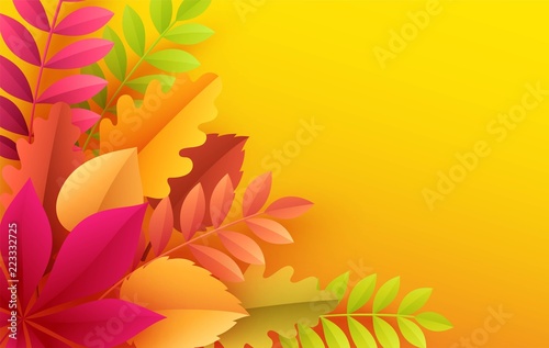 Paper autumn leaves colorful background. Trendy origami paper cut style vector illustration