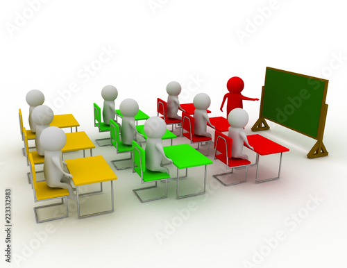 3d people - men , person with pointer in hand close to blackboard. Concept of education and learning.