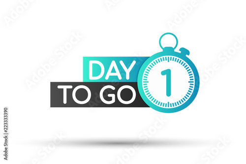 One day to go label, flat with alarm clock, promotion icon. Vector illustration.