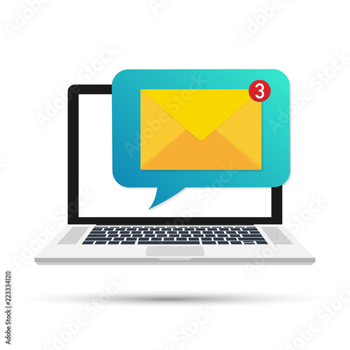 Laptop with browser and envelope vector illustration, symbol of email receiving, service, notification. Vector illustration.