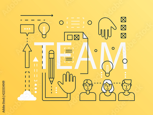 Team word trendy composition banner. Outline stroke team leader, business group, consulting concept. Flat line icons vector header illustration.