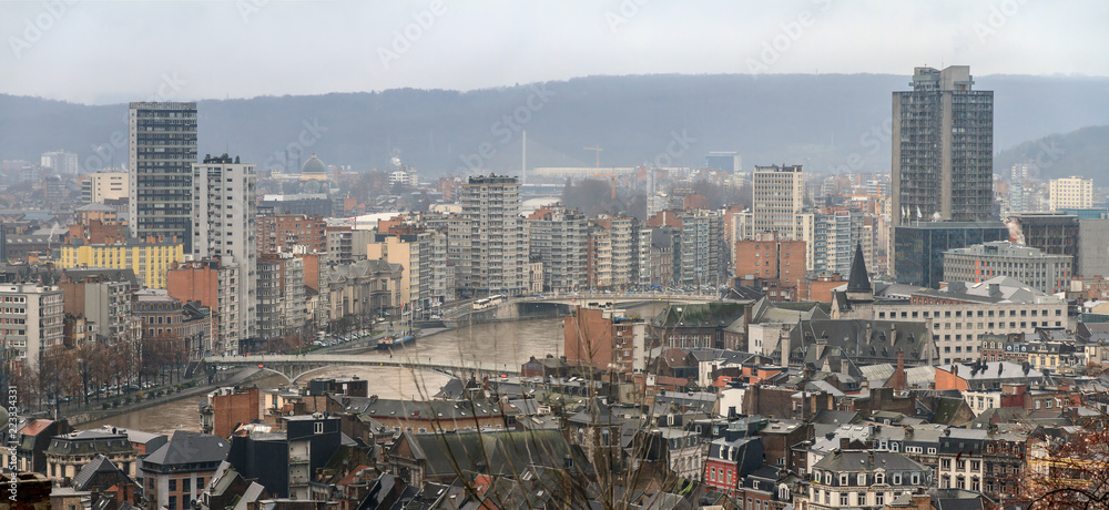 Beautiful cityscape view of the skyline of Liege, Belgium, with the river Meuse on a sunny and hazy winter day seen from the top of the Montagne de Bueren