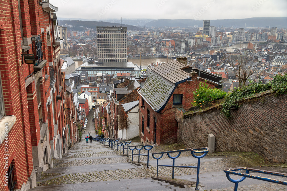 Beautiful cityscape of the 374-step long staircase Montagne de Bueren, a popular landmark and tourist attraction in Liege, Belgium
