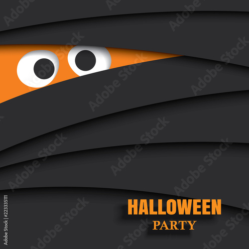 Halloween party card with eyes of mummy in dark background.