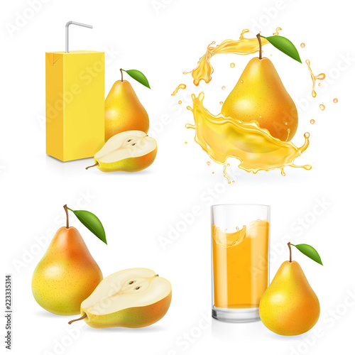 Pears juice realistic set. Juice splash, glass with fresh and box pack set