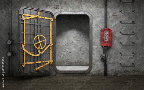 Armored heavy metal door in old underground bunker room. 3d rendering photo