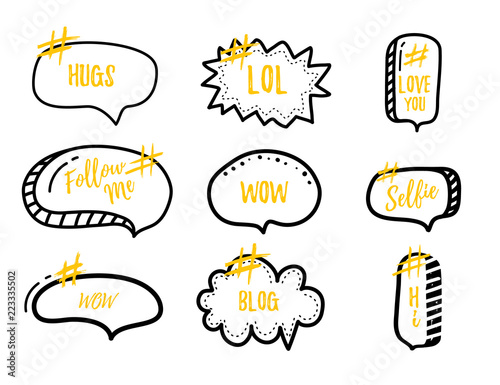 Set of bubble banners with hashtags. trendy design for young slang words. Vector illustration