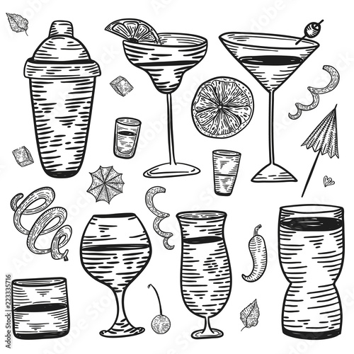 Set of cocktail menu drinks mojito, margarita, blue lagoon, long island in doodle engraving style for your design