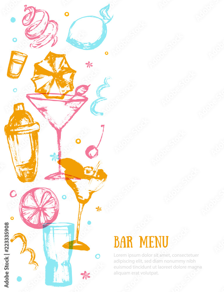 Alcohol drink bar menu banner with sketch glasses, drinks. Colorful grunge  drawing style. Template design isolated on white background Stock Vector |  Adobe Stock