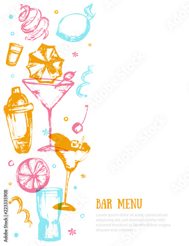 Alcohol drink bar menu banner with sketch glasses, drinks. Colorful grunge drawing style. Template design isolated on white background