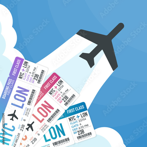 Travel and tourism background. Buying or booking online tickets. Travel, Business flights worldwide. Vector illustration.