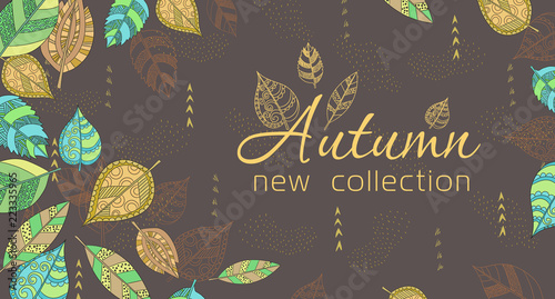 Autumn sale background for banner, flyers in vector. With autumn leaves decorative with patterns in beige light pastel colors.