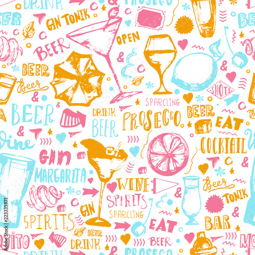 Alcohol drink pattern design with grunge glasses and lettering. Hand drawn pub background