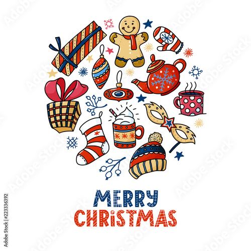 Round Christmas greeting card design with text and doodles - gingerman, teapot, cups, presents, vector illustration isolated on white background. Doodle style Merry Chrismas greeting card design