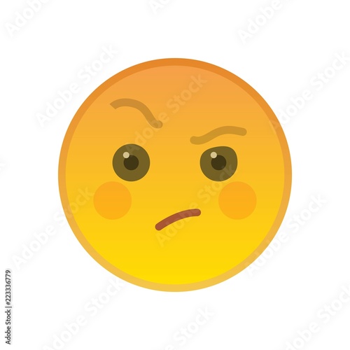 Suspecting emoticon isolated on white background. Distrustful yellow emoji symbol. Social communication and internet chatting vector element. Jealous smile face with facial expression