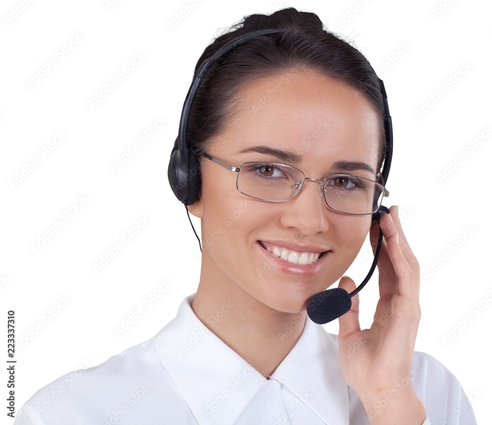 Close-up portrait of young businesswoman with headphones Close-up portrait of young businesswoman with headphones