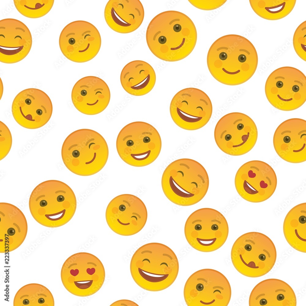 Funny emoticons seamless pattern. Smile faces with facial expressions on white background. Festive background with cute and cheerful yellow emoticons. Positive smile emoji vector illustration Funny emoticons seamless pattern. Smile faces with facial expressions on white background. Festive background with cute and cheerful yellow emoticons. Positive smile emoji vector illustration