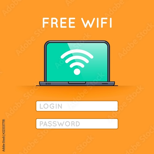 Free wifi access on laptop thin line icon. Wireless network connection outline pictogram. Web page with login and password form. Wifi zone symbol. Internet browser interface vector illustration