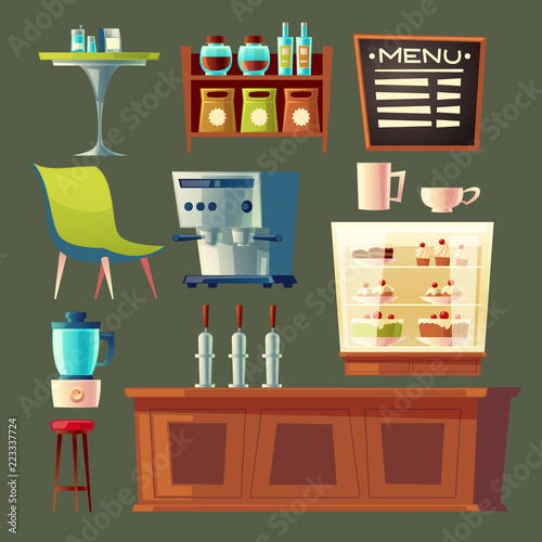 Vector cartoon cafe set - coffee machine, cupboard and table. Wooden furniture elements for cafeteria interior, chair and blackboard for menu isolated on background. Fridge with bakery, pastry, cake.