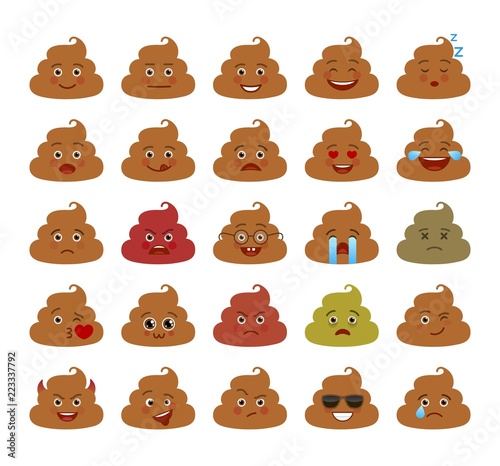 Piece of shit funny emoticons isolated set. Angry, joy, love, sick, laugh, happy and sad brown dung emoji symbols. Social communication and chatting vector elements. Smiley face with facial expression