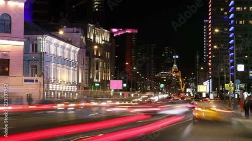 Timelapse video of the night streets of Moscow during rush hour, Russia. Time Lapse long exposure.

