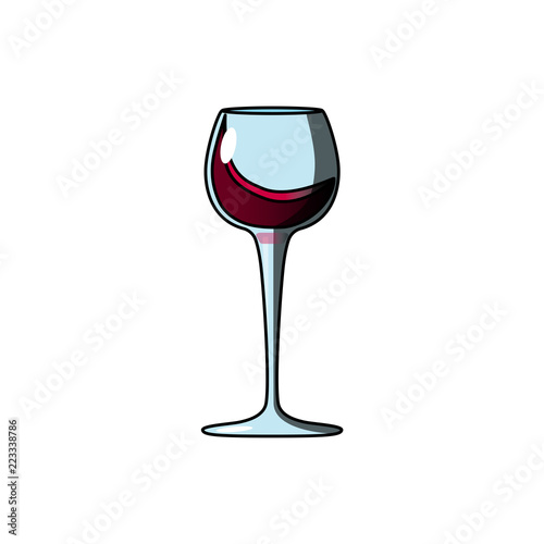 Vector illustration of cartoon blue wineglass with red wine with big wave of beverage in the glass