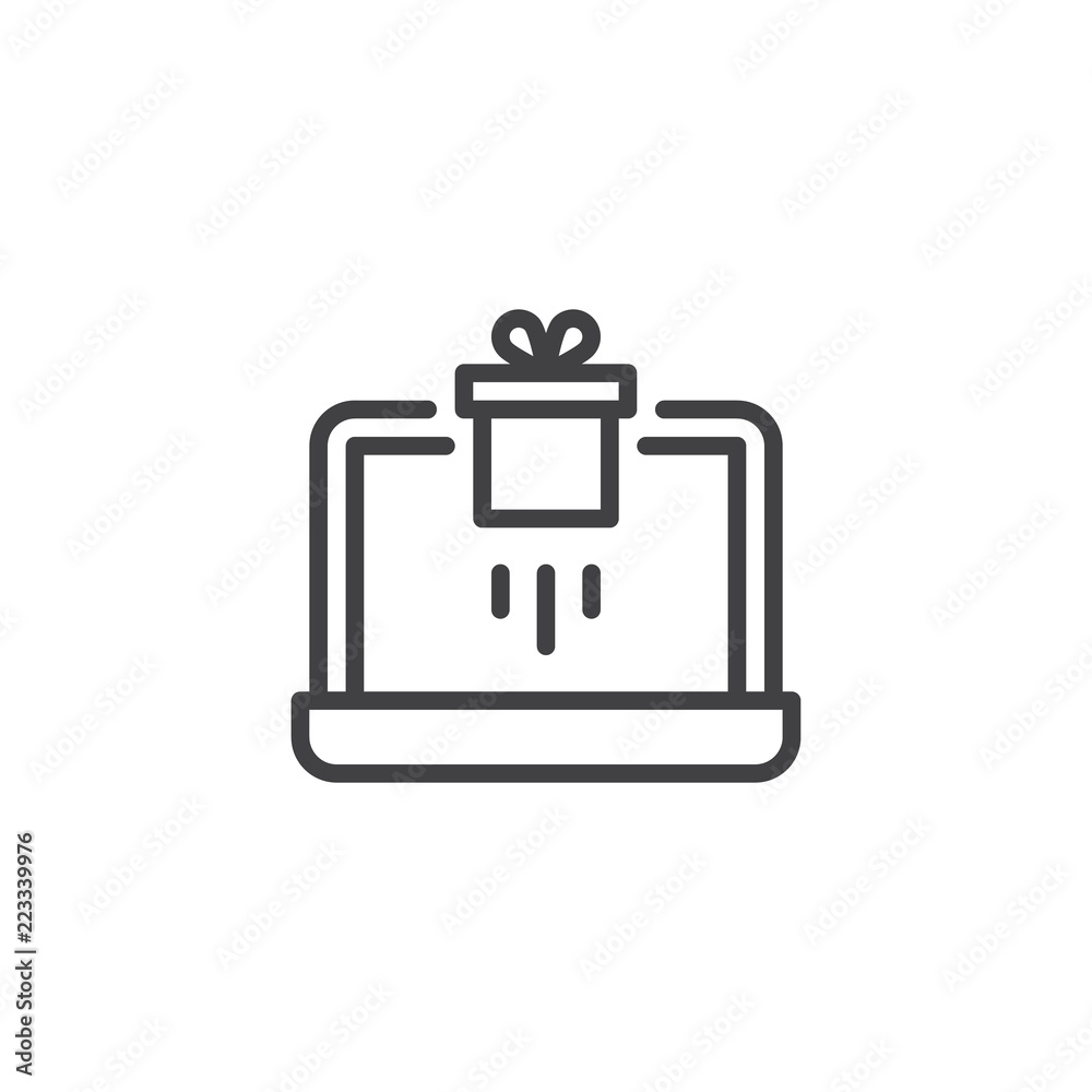 Laptop and gift box outline icon. linear style sign for mobile concept and web design. Online shopping simple line vector icon. Symbol, logo illustration. Pixel perfect vector graphics Laptop and gift box outline icon. linear style sign for mobile concept and web design. Online shopping simple line vector icon. Symbol, logo illustration. Pixel perfect vector graphics