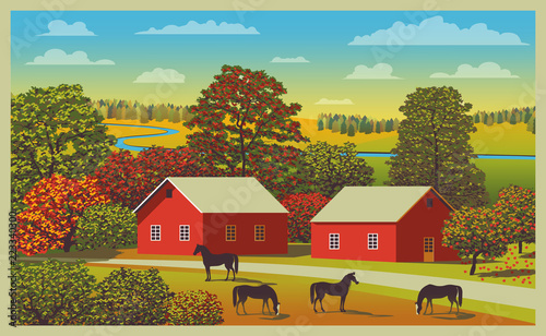 Rural autumn landscape with farm, fields and trees in the background