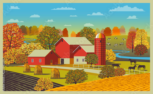 Rural autumn landscape with farm, fields and trees in the background