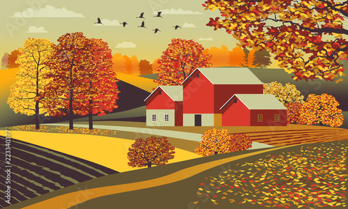 Rural autumn landscape with farm, fields and trees in the background