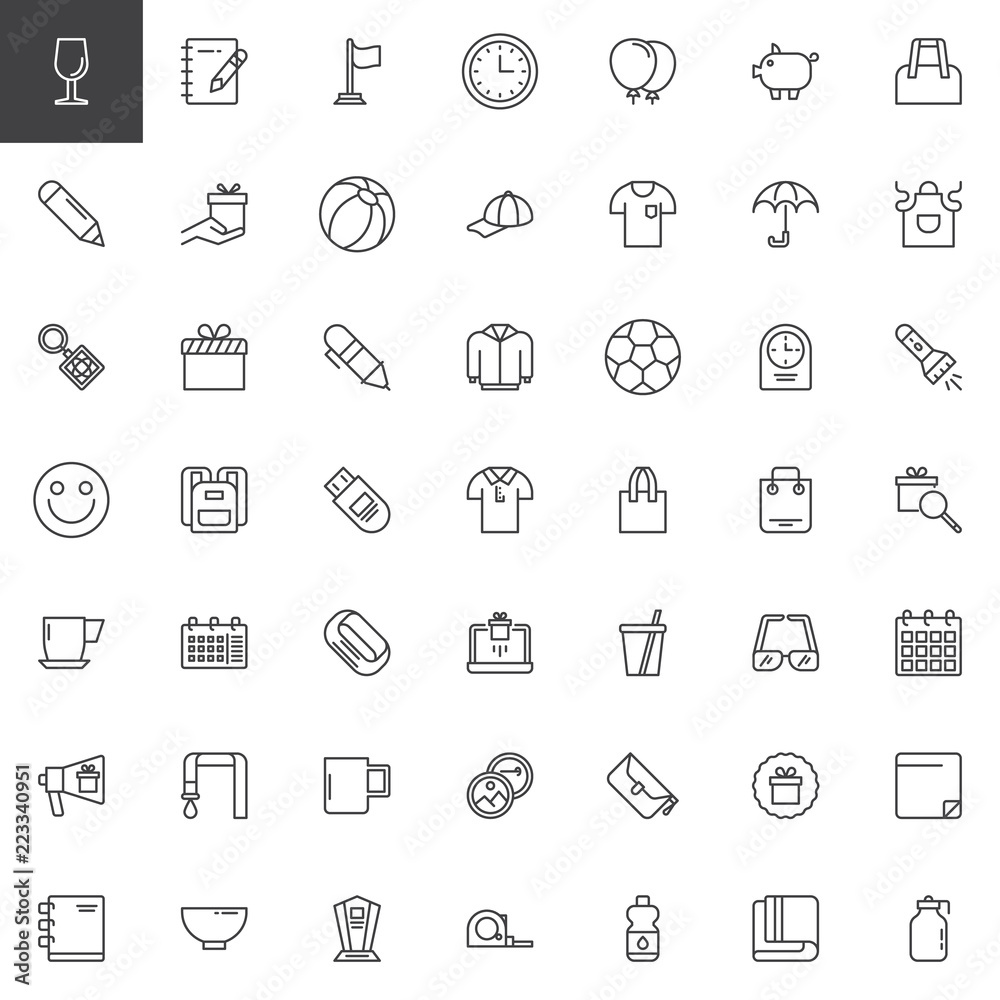 Promotional material outline icons set. linear style symbols collection, line signs pack. vector graphics. Set includes icons as Wine, Notebook, Flag, Wall Clock, Balloons, Gift box, Sunglasses, Shirt